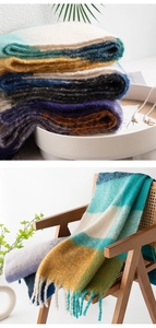 Detailed texture of mohair plaid scarf with colorful gradient and soft fringe tassels