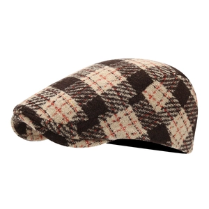 Classic retro plaid newsboy cap in dark brown and beige thick fabric for autumn and winter