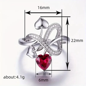 Infinity heart ring with ruby and diamonds showing size 16mm width and 22mm height