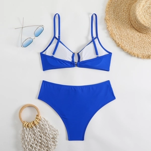 Royal blue two-piece bikini set with metal ring detail and high-waisted bottom