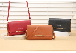 Three multi-functional women's crossbody wallets in burgundy, orange-brown, and black colors