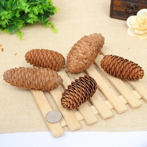 Close-up of five natural dried pine cones on a wooden stand with rustic burlap background
