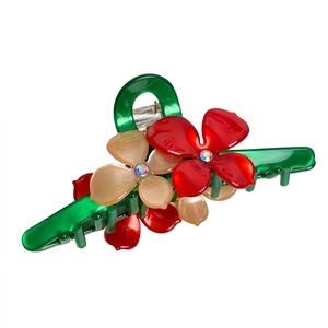 Large green acetate flower hair claw clip with red rhinestone floral design for women