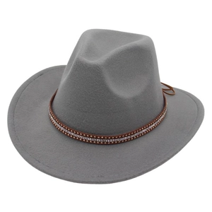 Classic gray wide brim fedora hat with bohemian style rhinestone studded leather band