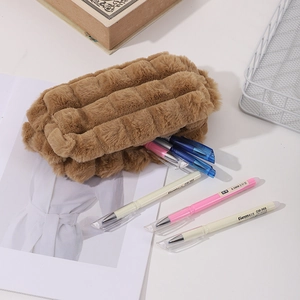 Detailed view of brown plush checkerboard pencil case with large capacity for students
