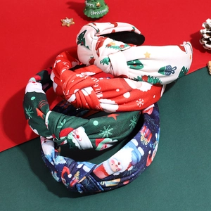 Christmas Knotted Headband Santa Claus Tree Printed Fabric Wide Hair Hoop Festive Party Hair Accessories Women Girls