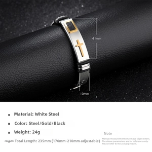 Men's mesh bracelet with gold cross detail and technical dimensions shown on display