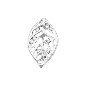 Detail of silver leaf pendant with hollow design and inlaid white zircon stones