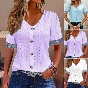 Women's V-neck hollow-out short sleeve top with buttons and lace cuffs in purple and blue