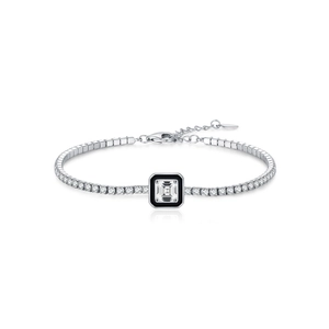 Lussuoso bracciale tennis in argento 925 con cristallo quadrato e bordo in smalto nero