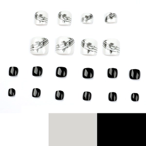 Glossy black and white ink leaf pattern press-on toenails set for DIY pedicure