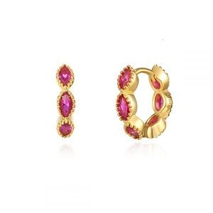 Macro shot of S925 silver gold-plated huggie hoop earrings with pink marquise zircon