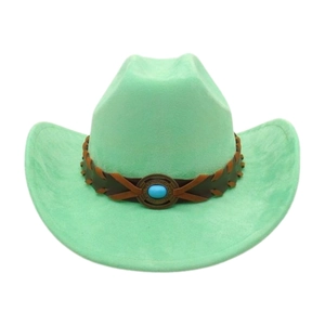 Chapeau de cowboy vert menthe avec bandeau tressé marron et pierre bleue
