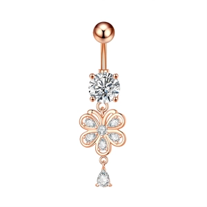Detailed view of rose gold navel ring featuring zircon floral pendant and drop crystal