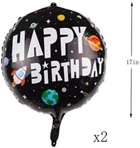 Close-up of 17-inch space theme Happy Birthday foil balloons with rockets and stars