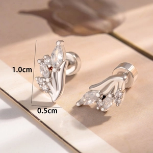 Silver leaf zircon stud earrings for cartilage with 1.0cm by 0.5cm dimensions