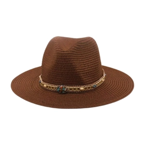 Chapeau de soleil en paille tressée marron foncé avec bande ethnique turquoise et perles