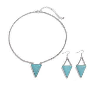Detailed set of silver turquoise triangle necklace and matching hook earrings