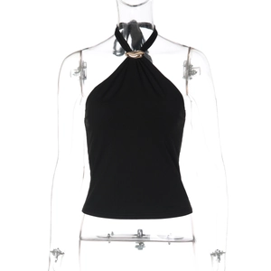 Detail of black halter top featuring a gold metal buckle on the neckline for women