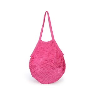 Detailed texture of pink mesh woven shopping bag with reinforced wide handle