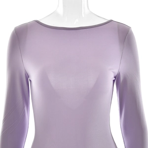 Close-up of the light purple long sleeve dress featuring smooth elastic fabric texture