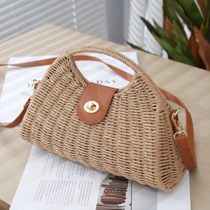 Retro straw woven handbag with leather flap and crossbody strap for beach vacation