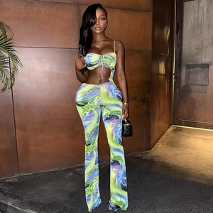 Top Court À Imprimé Abstrait Et Pantalon Évasé Femmes Sexy Découpe Cordon Coupe Ajustée Streetwear Fête Clubwear Polyester