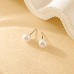 Round White Faux Artificial Pearl Stud Earrings With Stainless Steel Earring Post For Women Elegant Classic Jewelry Retro Style