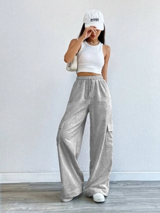 Women's spring grey wide-leg trousers in cotton blend with drawstring waist for casual wear