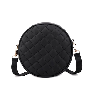 Black round quilted crossbody bag with stylish diamond pattern and fabric strap