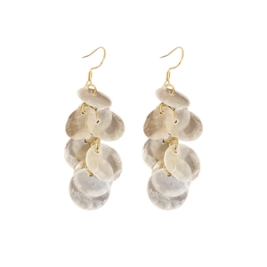 Elegant gold drop earrings featuring layered iridescent shell discs for a summer look