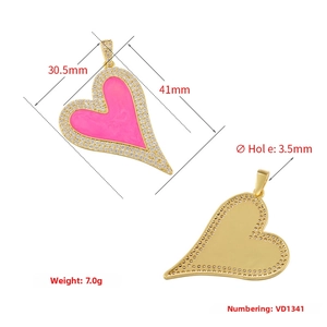 Detailed view of pink enamel heart pendant with zircon border and size dimensions
