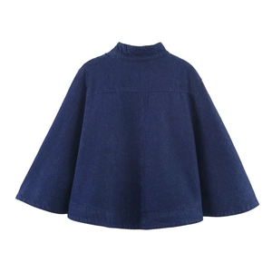 Deep blue denim poncho cape for women featuring a minimalist A-line silhouette back view