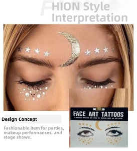 Macro detail of metallic star and moon face tattoo stickers for festival makeup looks
