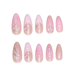 Faux ongles 3D amande roses avec nœuds, perles, strass et effet pailleté œil de chat brillant