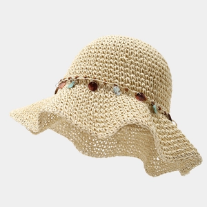Chapeau De Paille Crocheté Femmes Large Bord Chapeau Soleil Respirant Pliable Plage Avec Perles Coquillages