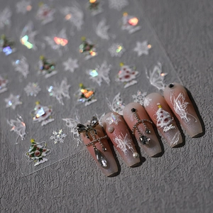 Autocollants 3D pour ongles papillon et flocon avec motifs holographiques blancs