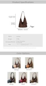 Detailed dimensions and color options for large suede hobo bag with leopard print wallet