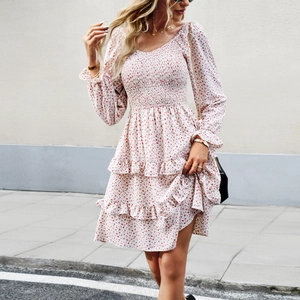 Floral Print Smocked Dress Long Sleeve Square Neck Tiered Ruffle Hem A-Line Casual Holiday Fashion For Women