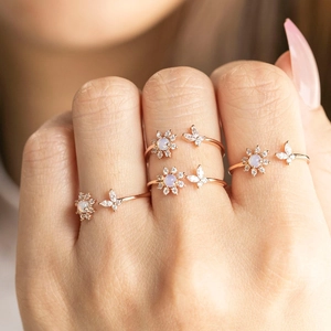 Korean style 18K rose gold open ring with butterfly and plum blossom zircon inlays