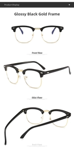 Three-view display of retro semi-rimless sunglasses in glossy black and gold metal