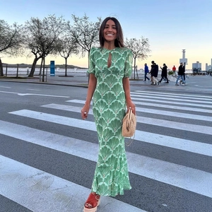 Slim fit green hollow-out printed long dress with backless tie and short sleeves