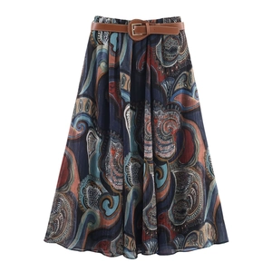 Damen Midi Rock Mit Paisley Muster Und Gürtel Hohe Taille A-Linie Polyester Metallic Garn Vintage Streetwear
