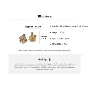 Detailed view of 1.7cm flower earrings with rhinestones and opal stones on a white background