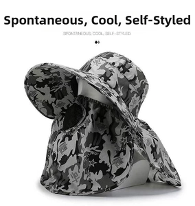 Detail view of camouflage sun hat with face mask and neck flap for outdoor fishing