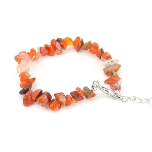Detailed macro view of bohemian natural orange crystal chips bracelet with adjustable chain