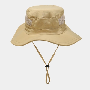 Quick-dry khaki outdoor sun hat with wide brim, breathable mesh and adjustable wind cord