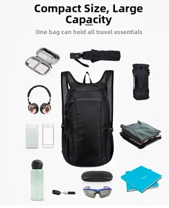 Detail showing the large capacity of the lightweight foldable black backpack with various items