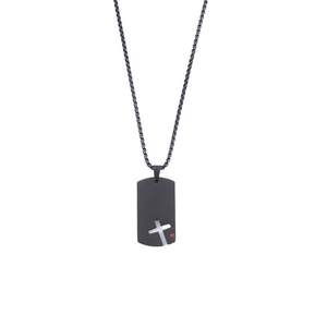 Minimalist black military tag cross pendant necklace with a red crystal for men and women
