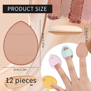 Detailed size chart for 12 pieces mini finger powder puffs with multi-color options